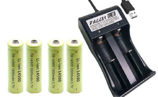 Lithium Ionen Typ 14500 Akku 3,7 V 1500 mAh 14 x 50 mm wie AA + Ladegerät - SP-Fishing